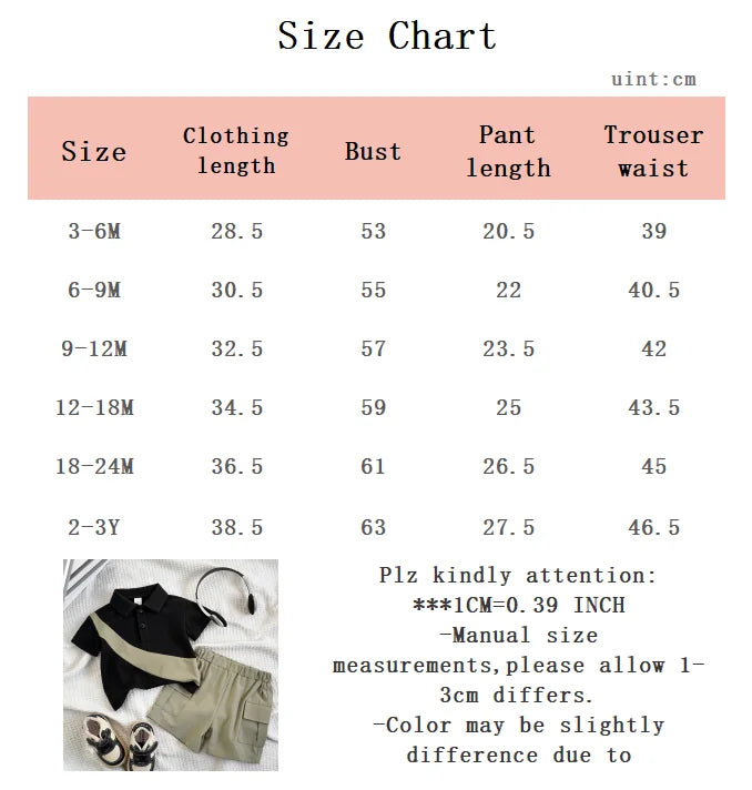 2Pcs Baby Boys' Sports and Leisure Set lapel Color blocked Short Sleeves and Shorts for 0-3 Year Toddlers Baby Boys Summer Set