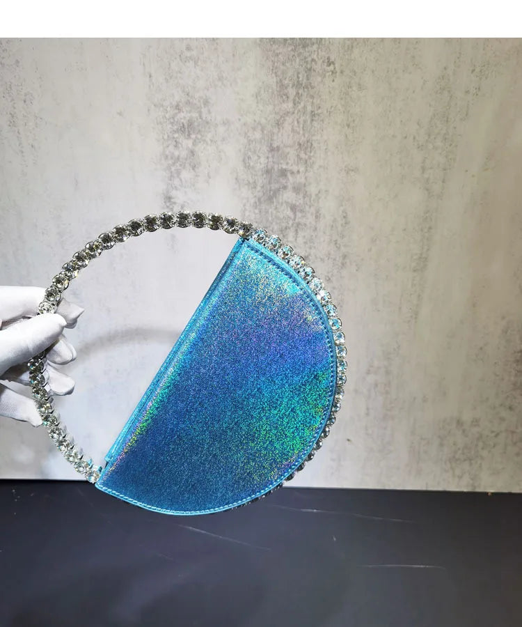 Lady Blue/Pink Diamond Circular Evening Bag Women Fushia Round Handle Rhinestone Dinner Clutch Purse Ladies Half Moon Handbags