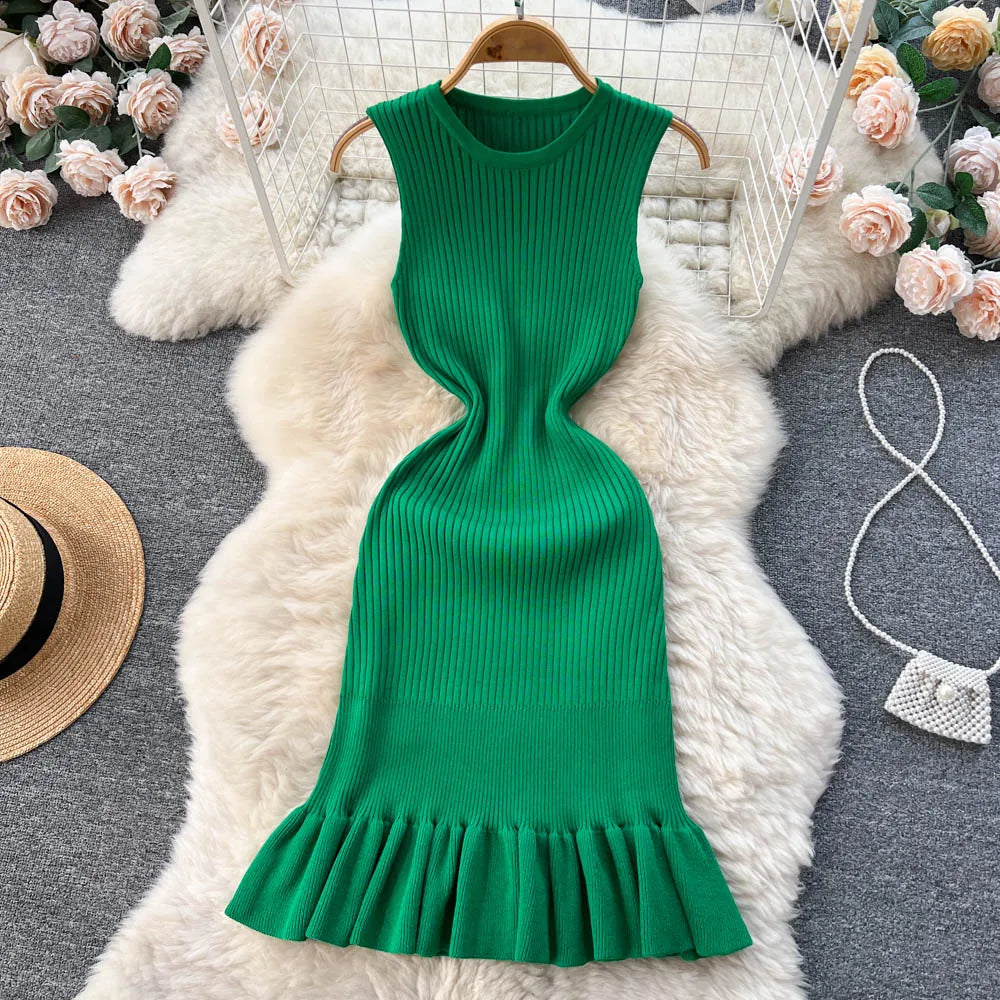 2025 Early Autumn Sexy Package Hips Ruffles Mini Dress Summer Fashion Y2K Knitted Bodycon Ladies Dress Korean Party Vestidos