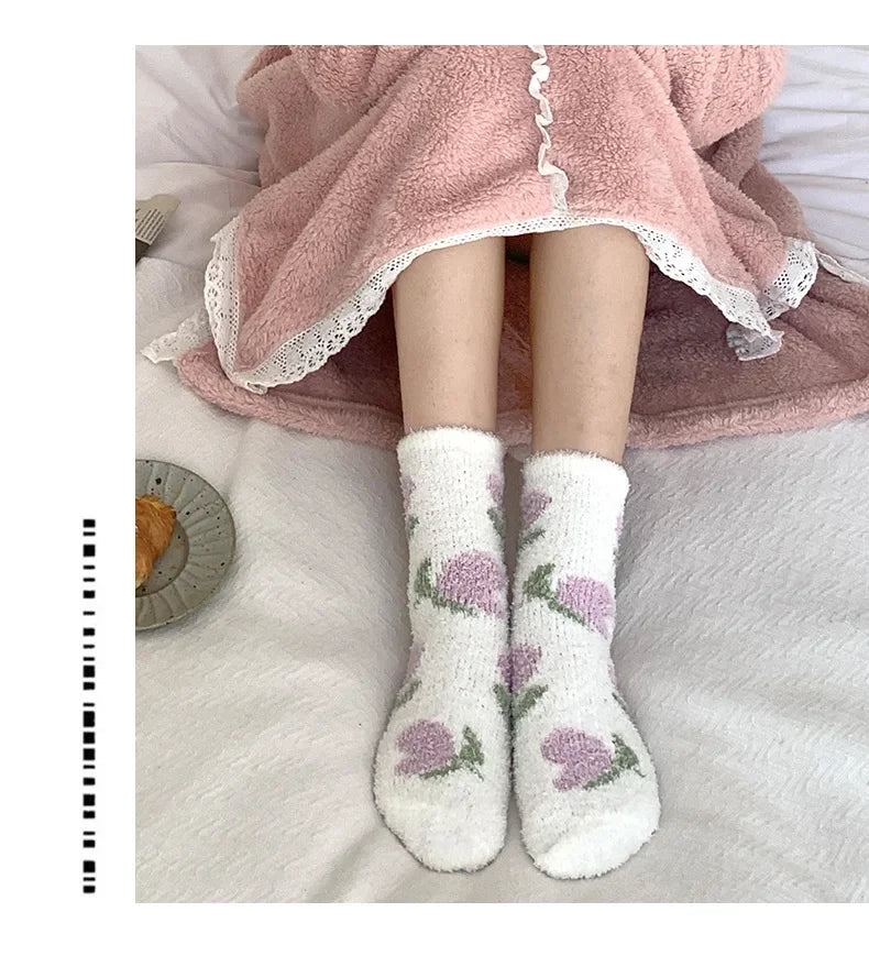 Japanese Kawaii Cute Socks Autumn Winter Thicken Warm Soft Plush Women Socks Coral Fleece Thermal Homewear Floor Sleeping Socks