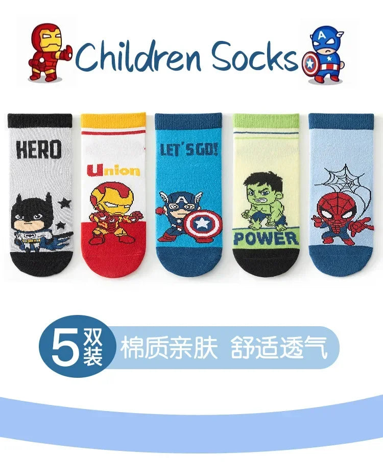 5 Pairs Spiderman Cotton Children's Socks iron Man Hulk Thor Anime kids Boys Short Socks Cartoon Baby Spring Summer Short Socks