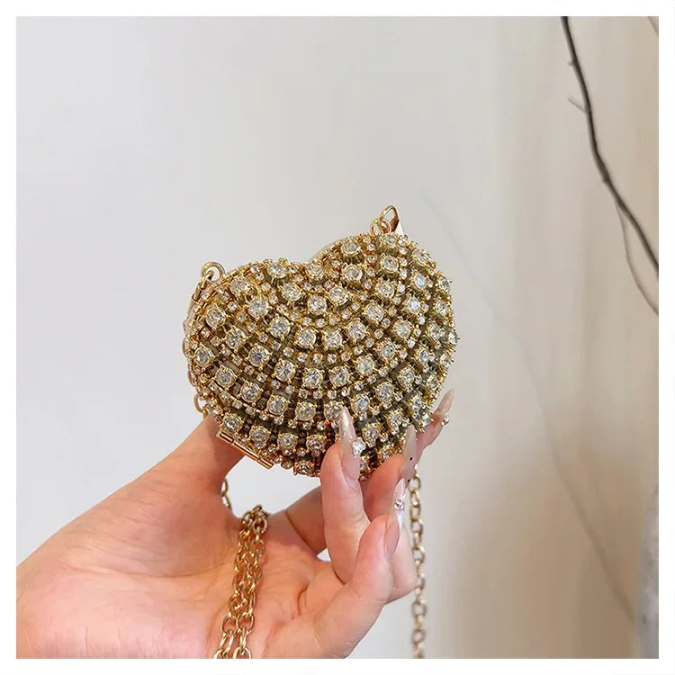 Luxury Mini Diamond Inlay Heart Shape Crystal Clutch Purse Stones Evening Wedding Party Shoulder Bag Handle Rhinestone Handbags