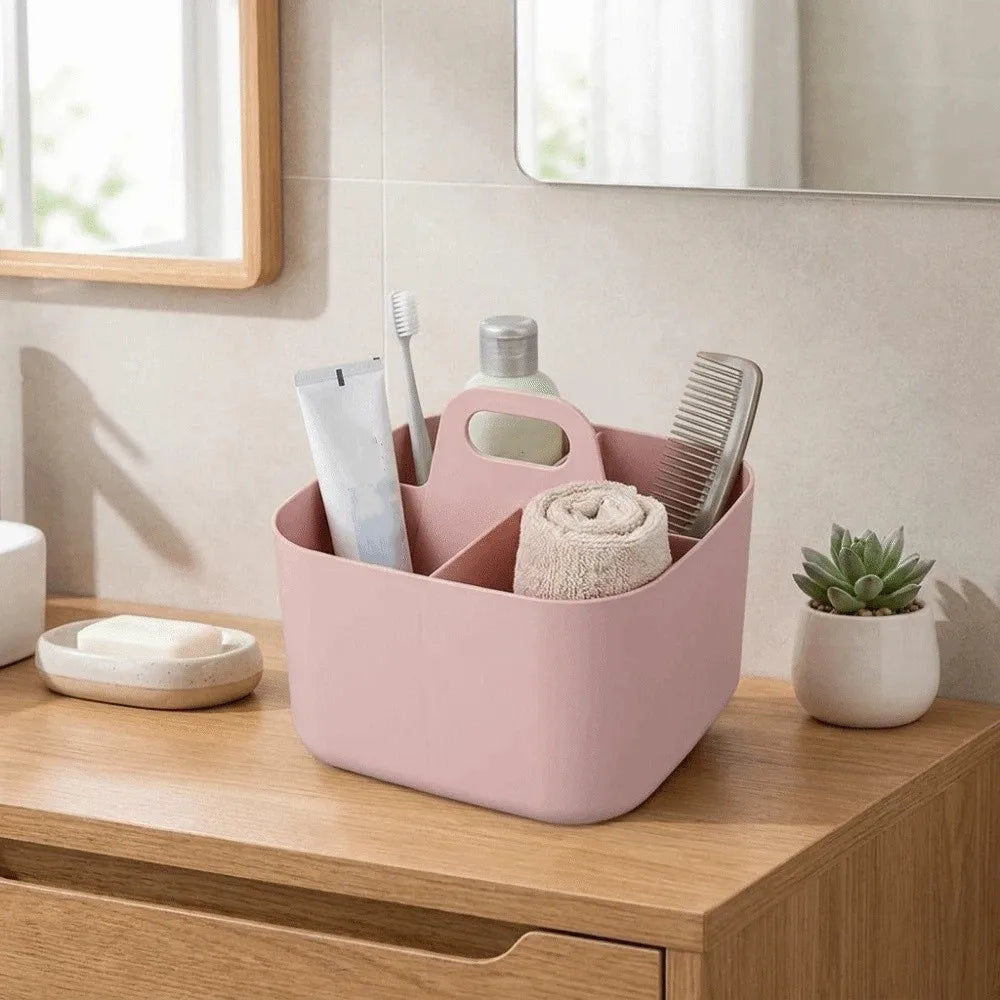 Plastic Cosmetic Organiser Multi-compartment Divider Sorting Split Pen Organiser with Handle Desk Storage Basket Bathroom