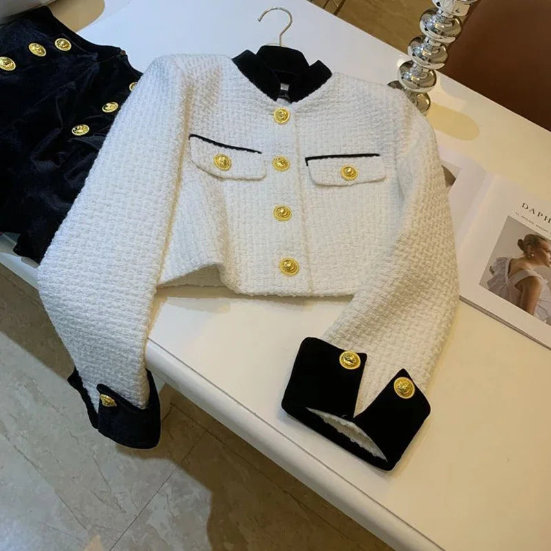 Fashion Stitching Tweed Short Jacket Women Autumn Winter Elegant Office Lady Coat Y2K Korean O Neck Single Breasted Crop Outwear