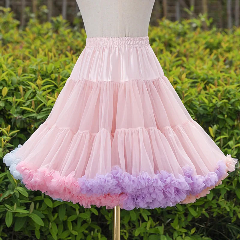 Womens Elastic Waist Puffy Tulle Petticoat Rainbow Cloud Short Tutu Skirt Princess 45cm Ballet Dance Pettiskirts Lolita Cosplay