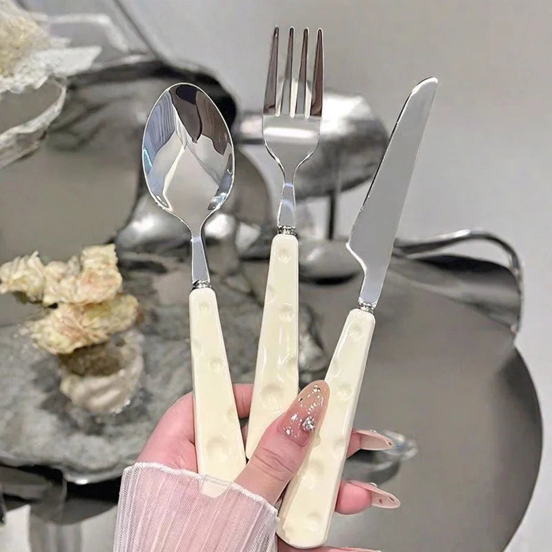 1/3PCS Tablewares Stainless Steel Knife Fork Spoon Ceramic Cheese Shaped Handle Cute Appearance Elegant Household Dinnerware ZYF