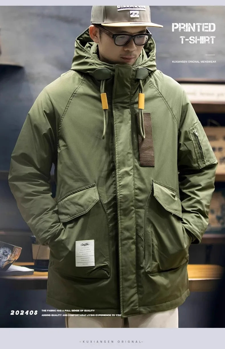 American Sle Men's Parka down Cotton Jaet Winter Workwear coat Mid-Length Hooded Military Coat Outerwear