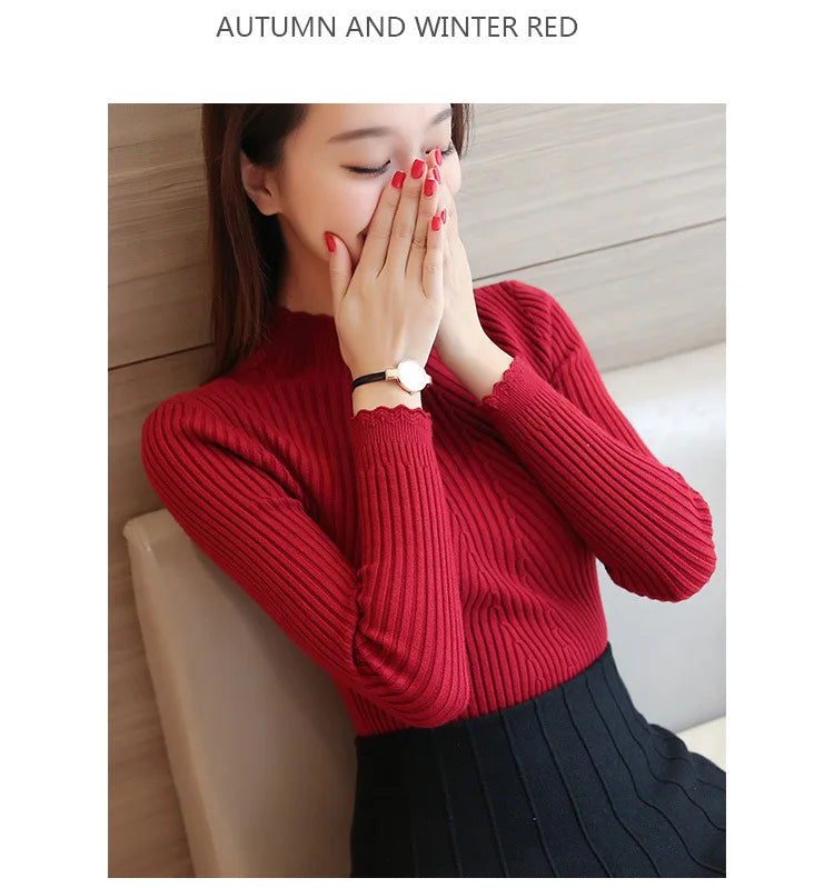 2025 Autumn Women Mock Neck Ruffles Sweater Long Sleeve Knitted Bottoming Solid Pullovers Stripe Women Casual Sweater Winter