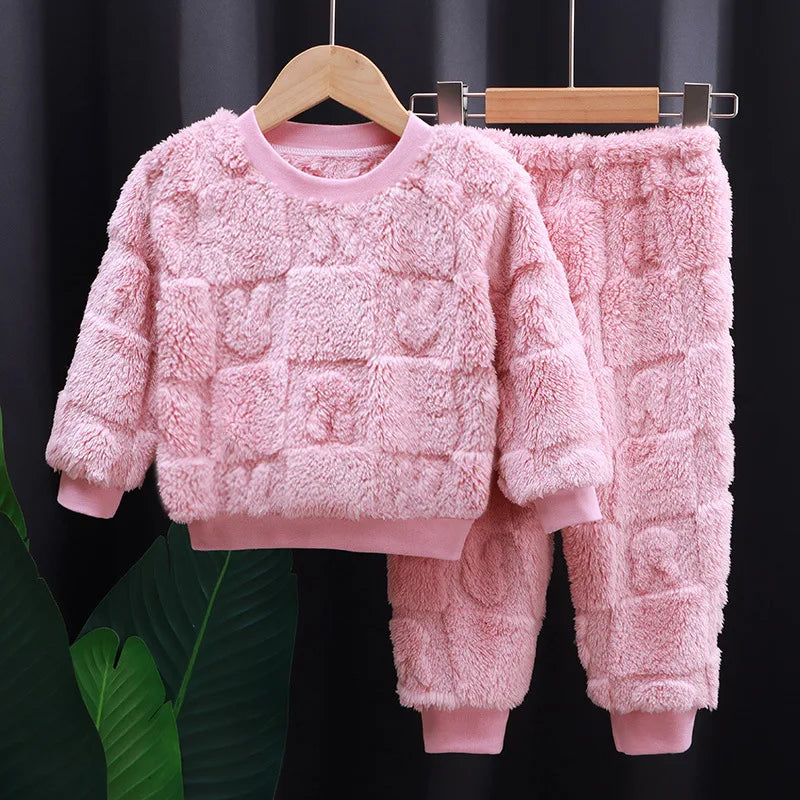 Children's autumn and winter flange pajamas suits Korean version boys plus velvet thick home service girl warm underwear suit