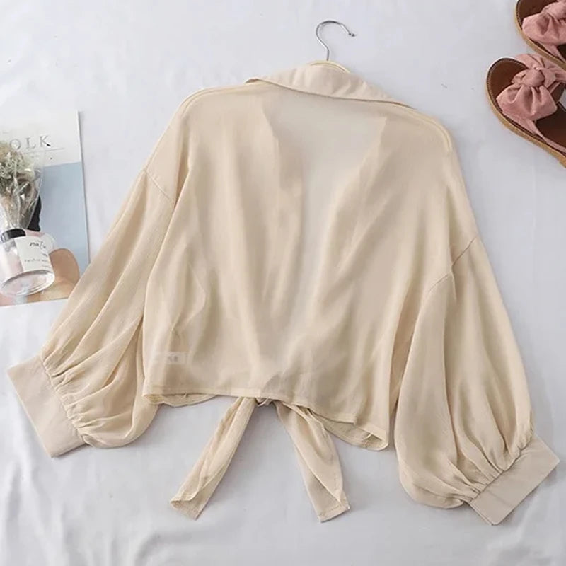 Women Summer Bat Half Sleeve Chiffon Shirt Casual Loose Button Hollow White Clothes Elegant Solid Color Tied Waist Blouse 9776