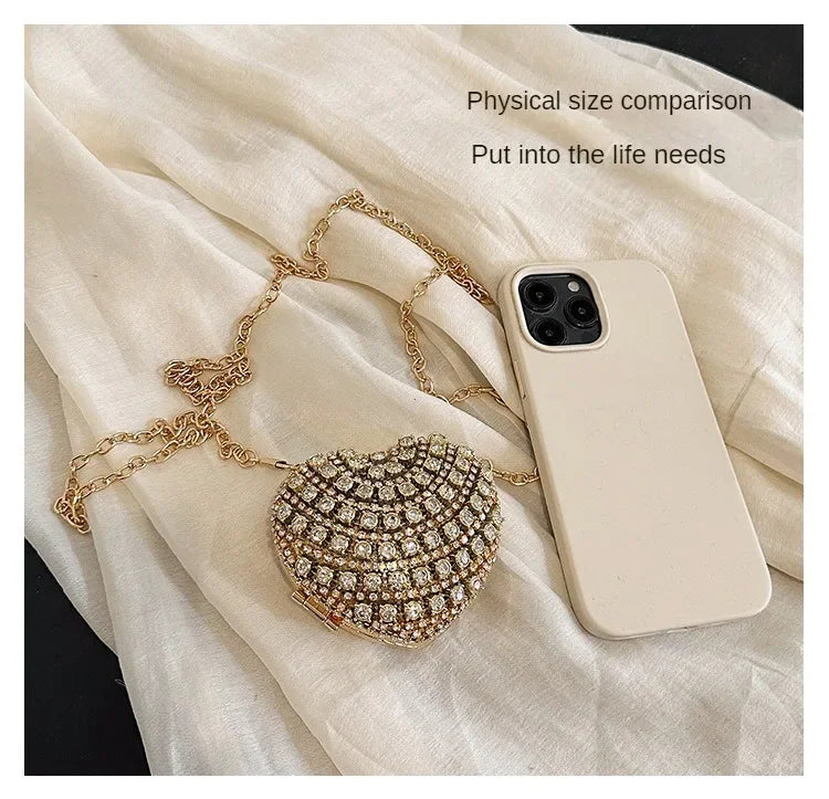 Luxury Mini Diamond Inlay Heart Shape Crystal Clutch Purse Stones Evening Wedding Party Shoulder Bag Handle Rhinestone Handbags