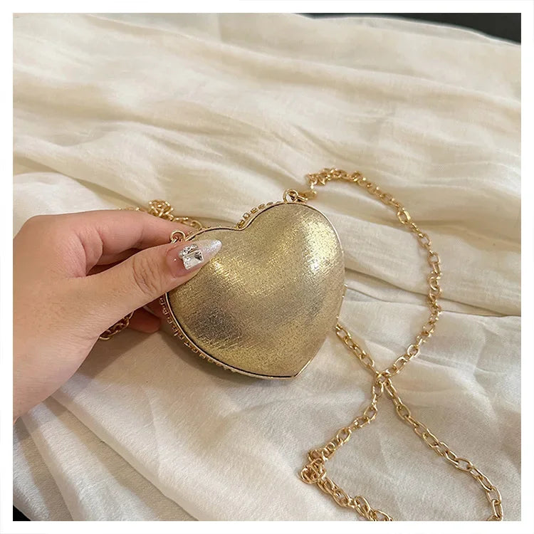 Luxury Mini Diamond Inlay Heart Shape Crystal Clutch Purse Stones Evening Wedding Party Shoulder Bag Handle Rhinestone Handbags
