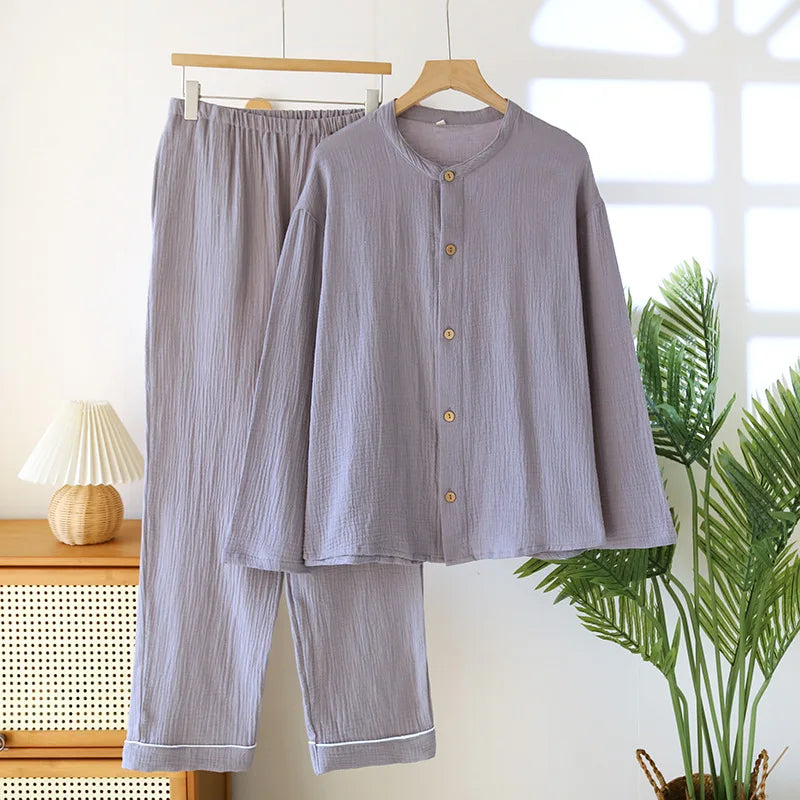 Men's Cotton Double-layer Gauze Pajamas Round Neck Long Sleeved Cardigan Home Trousers Pajamas Set for Spring and Summer