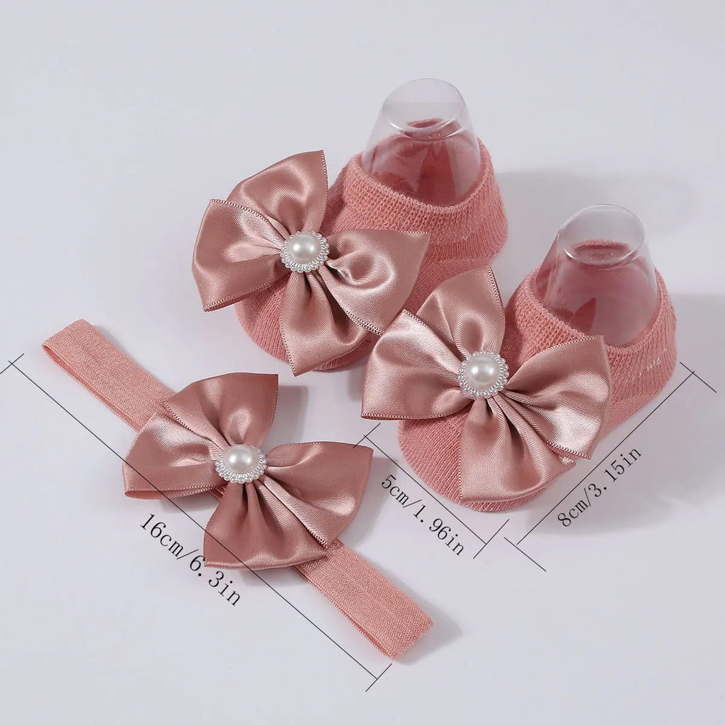 1Set New Baby Pearl Bowknot Headbands Socks Newborn Toddler Soft Prewalker Sock Girl Infant Cute Knitted Cotton Hairband Socks