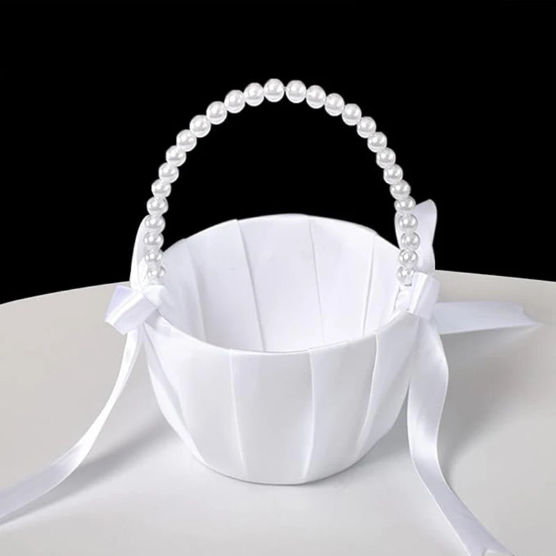 Wedding White Satin Bow Flower basket Flower Carrying basket with pearl handle suitable for bridesmaids and flower girls