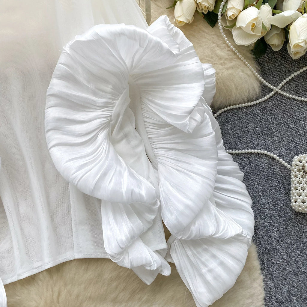 SINGREINY Autumn Ruffles Party Blouses Female O Neck Long Sleeves Temperament Mesh Shirts Women Senior Sheer Loose Thin Tops