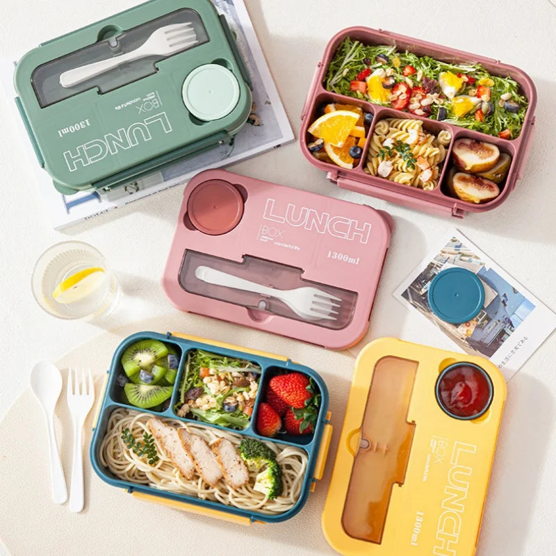 Compartment 1300ML Portable Lunch Box Kids Students Office Bento Box With Fork and Spoon Microwave Food Storage Container
