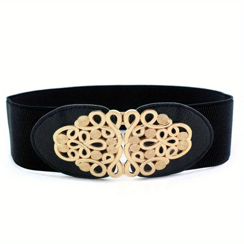 Vintage Buckle Wide Elastic Belt Black Waistband Solid Color Decorative Belts Dress Girdle For Women