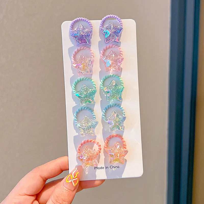 10PCS/Set Shiny Butterfly Baby Girl Hair Ropes Cute Heart Star Elastic Rubber Bands Ponytail Headflower Princess Kids Headwear