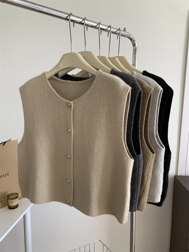 Women Sweater Vest Gold Button Up Waistcoat Soft Knitted Sleeveless Cardigan Jacket Top Fall Winter Korean Ladies Chic Outfit