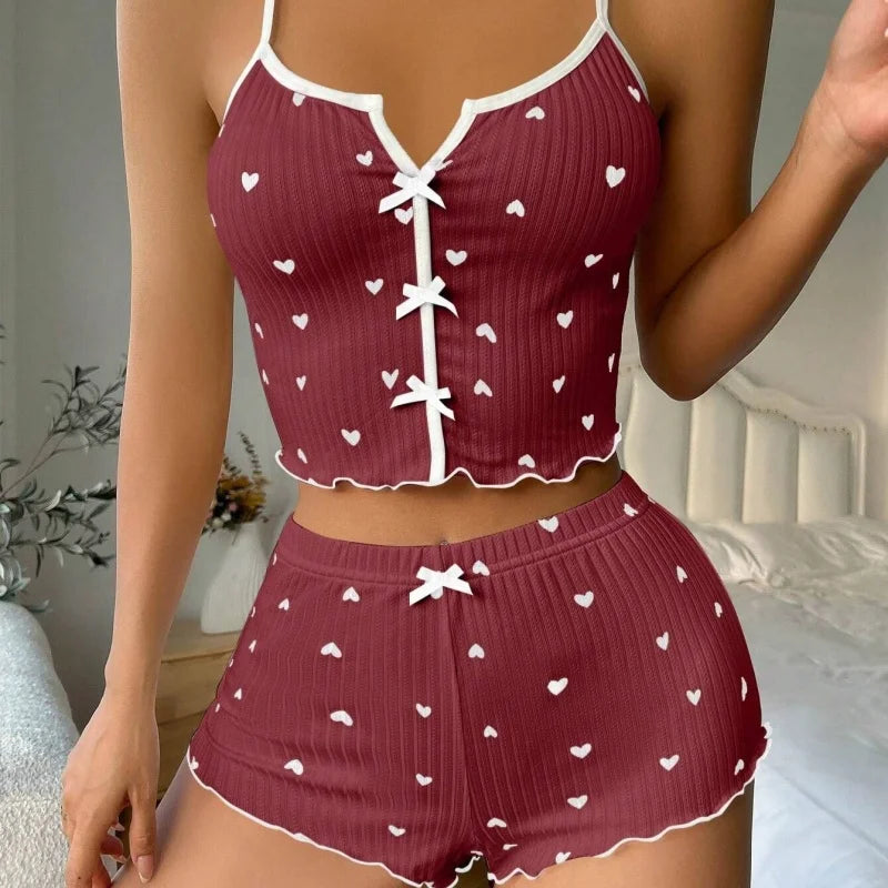 Sexy Sleepwear Women Pajamas Set Heart Print Silk Stain V-Neck Sleeveless Casual Cami Top and Shorts Sets Home Suit Loungewear
