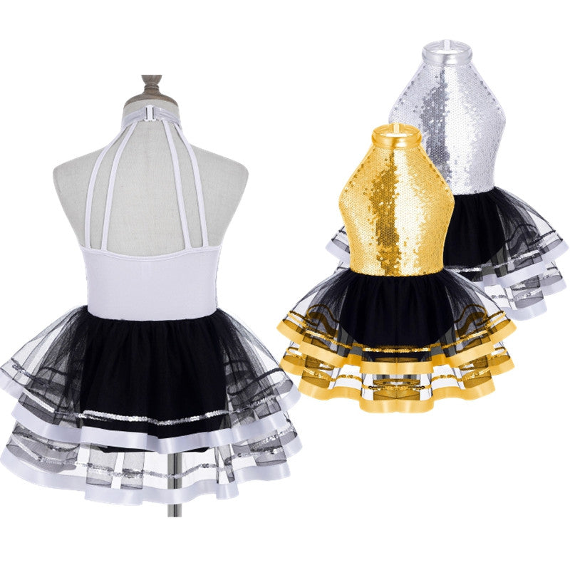 Jazz Dance Costume Kids Halter Shiny Sequins Gymnastics Unitards Dress Girls Ballet Leotard Tutu Stage Performance Clothing