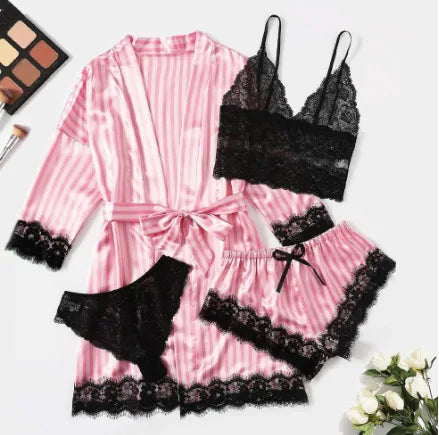new Women's Sleep Lounge New Pajama Sets European American 4-piece set with lace satin suspender summer set for sleeping pajamas