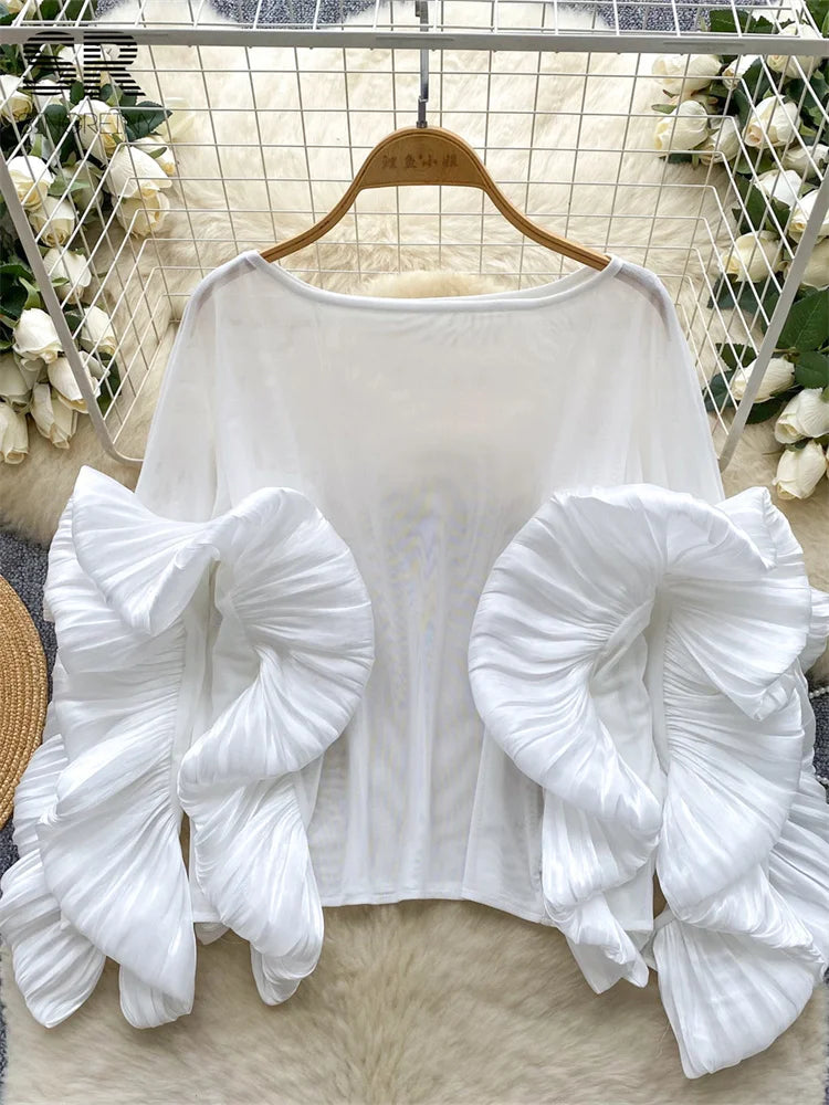 SINGREINY Autumn Ruffles Party Blouses Female O Neck Long Sleeves Temperament Mesh Shirts Women Senior Sheer Loose Thin Tops