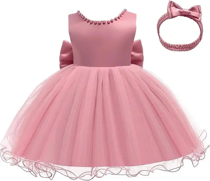 Baby Dresses For 1st Birthday Girls Party Dresses with Headwear Bowknot Toddler Girl Princess Dress Backless Kids Wedding Dress