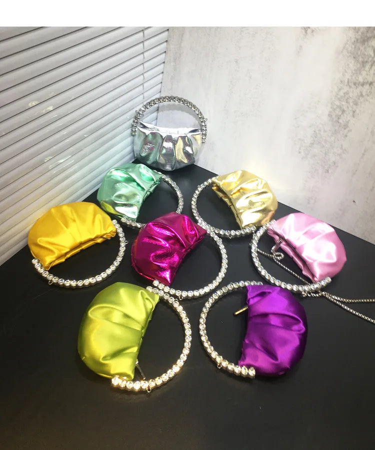 Lady Blue/Pink Diamond Circular Evening Bag Women Fushia Round Handle Rhinestone Dinner Clutch Purse Ladies Half Moon Handbags