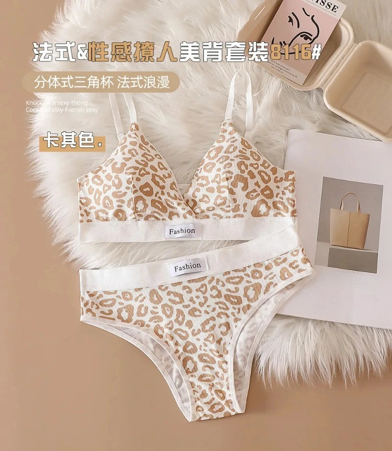 Women Seamless Bra Set Low Waist Panties Leopard Bralette Sexy Lingerie Set Vneck Sport Brassiere Female Cotton Underwear Set