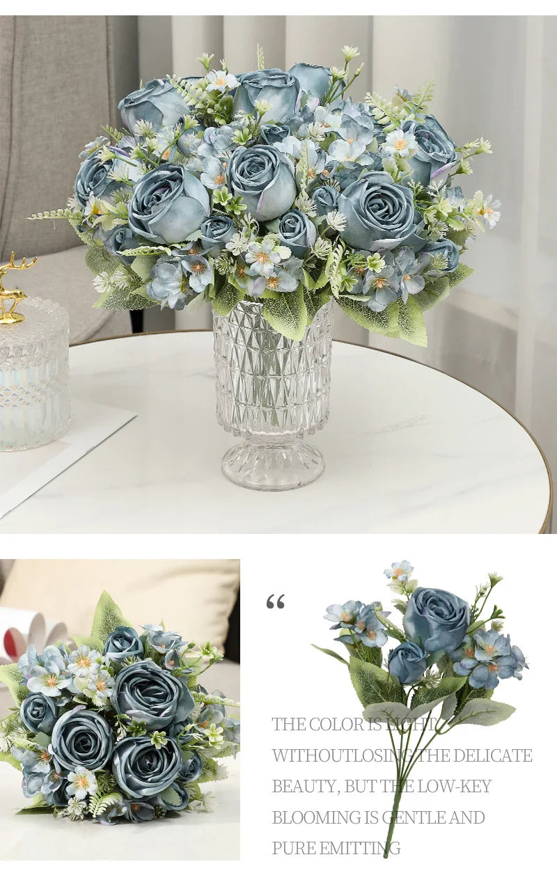 Artificial Flowers Silk Roses Bouquet Home Decor Simulation Flower Kimberley Rose Bud Hydrangea Living Room Decorative Florist