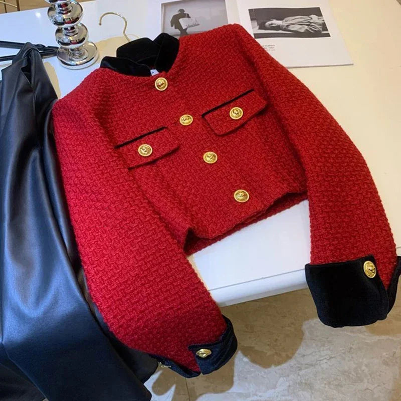 Fashion Stitching Tweed Short Jacket Women Autumn Winter Elegant Office Lady Coat Y2K Korean O Neck Single Breasted Crop Outwear