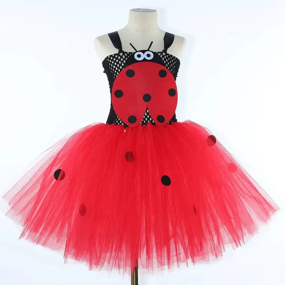 Black Red Lady Beetle Costumes for Baby Girls Ladybird Tutu Dress with Wings Kids Halloween Outfit Children Birthday Clothes