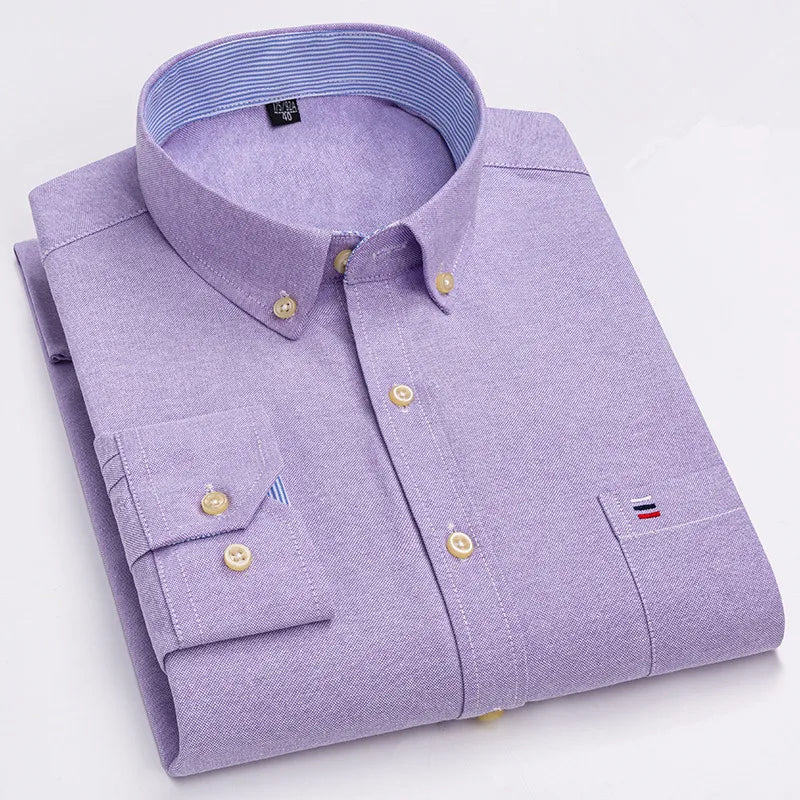 Men's 100% Cotton Shirt Long Sleeve Plaid Oxford Casual Solid Color Print Regular Fit Formal Dress Shirt Oversized 7XL  6XL 5XL
