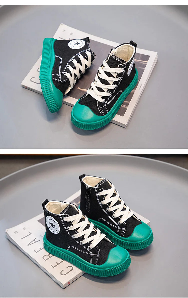 2025 New Children's High-Top Canvas Shoes Boys and Girls Ins Tide Soft Bottom Sneakers with Breathable Casual Board Shoes