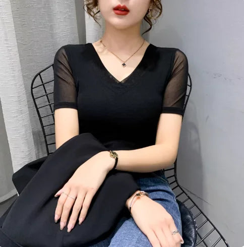 Autumn Winter Round Neck T shirt Women Sexy Mesh Bottoming Shirt Long Sleeve Solid Color Slim Fit Long Sleeve Casual Tops