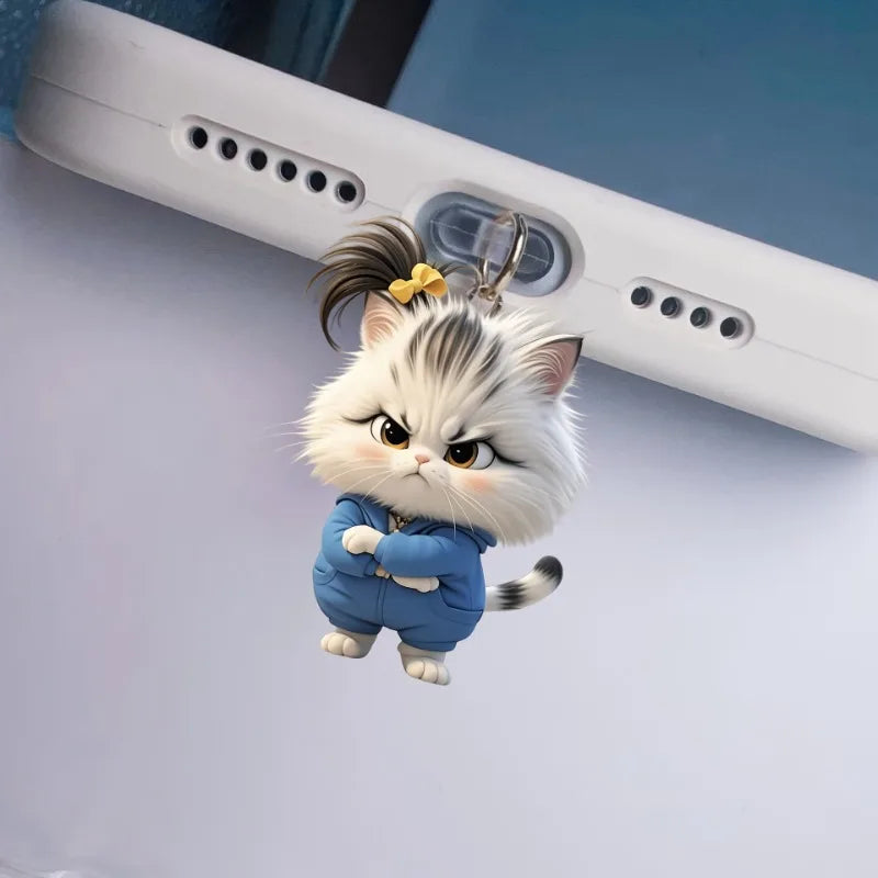 2D Flat Explosive Angry Kitten Acrylic Phone Dust Stopper for IPhone and Type C Charging Port Protectors Decorative Accessories