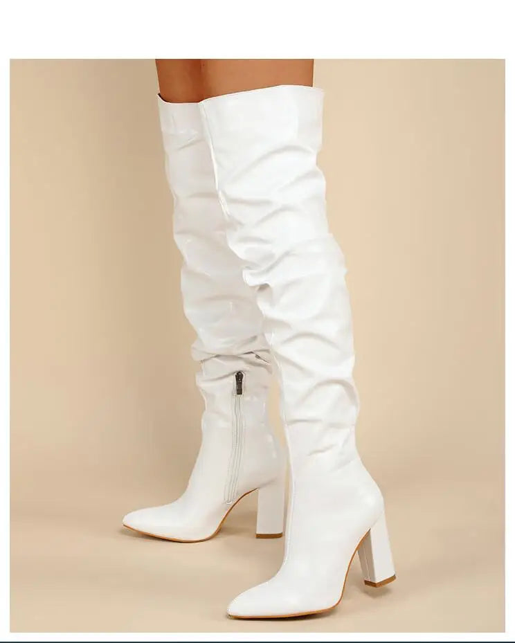 Sexy High Quality Pleated cowhide Leather Motorcycle Over The Knee Boots Women Fashion Pointed Toe Thigh High Lady Shoes Large