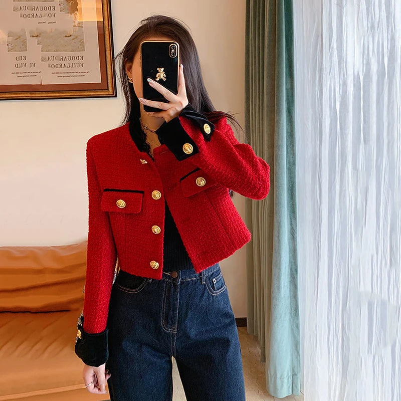 Fashion Stitching Tweed Short Jacket Women Autumn Winter Elegant Office Lady Coat Y2K Korean O Neck Single Breasted Crop Outwear