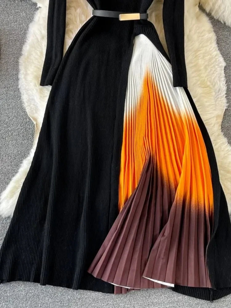 Autumn Winter Women Gradient Color Patchwork Pleated Sweater Dress Elegant Long Sleeve Midi Knitted Party Vestidos With Belt