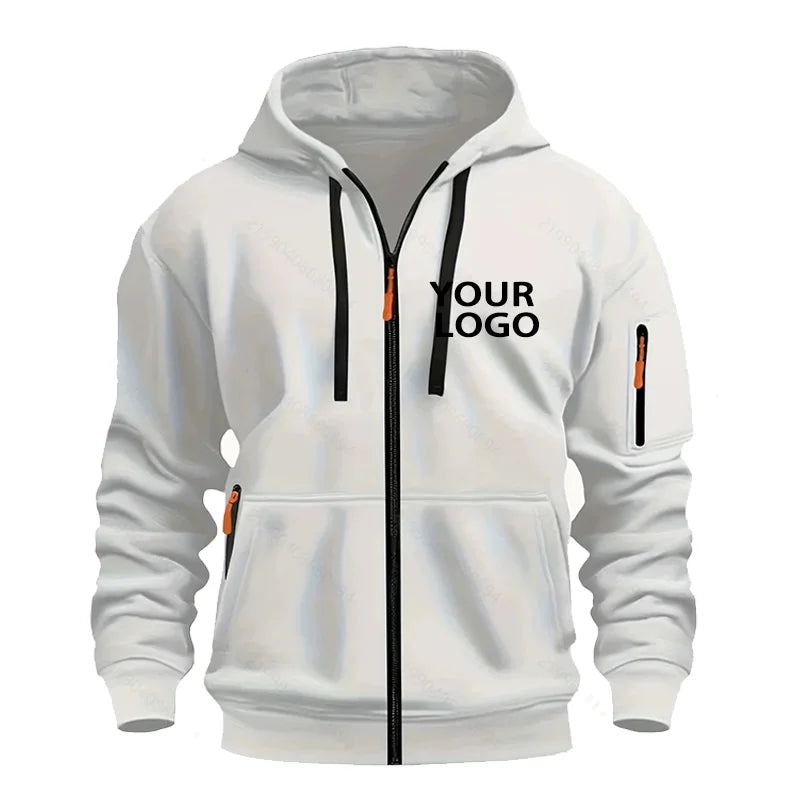 DIY Custom Logo Men's Casual Sports Hoodie Full-Zip Pocket Sweatshirt Fashion Arm Pocket Outdoor Long-Sleeve Pullover Hoodie
