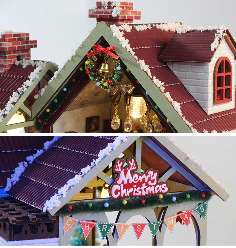 Christmas Night Warm House - Miniature Dollhouse DIY Kit with Music Box, Desktop Decor, Creative Gift (English Color Box)