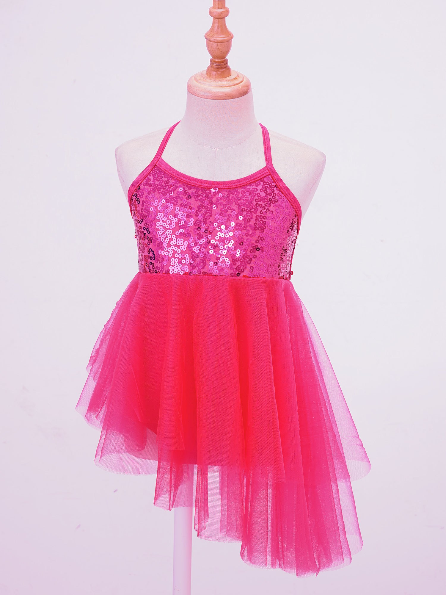 Girls Ballet Dress Lyrical Dance Gymnastics Skating Stage Performance Costume Shiny Sequin Mesh Tulle Leotard Tutu Dancewear