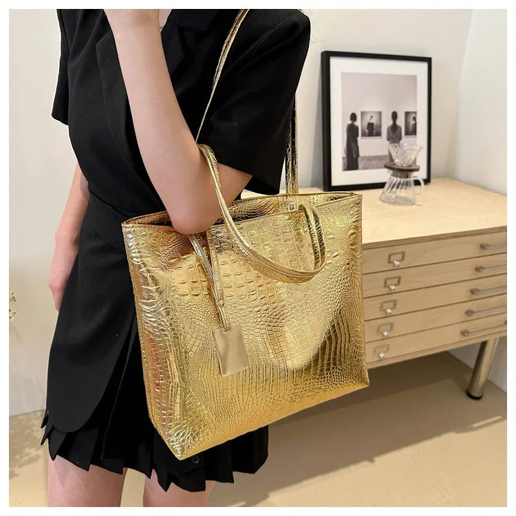 Fashion Casual Women Shoulder Bags Silver Gold Black Crocodile Handbag PU Leather Female Big Tote Bag Ladies Shopping Bag