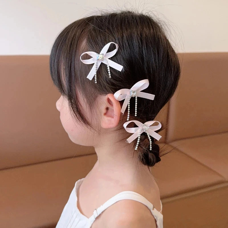 4PCS/Set Shiny Rhinestone Chains Bow Hair Clips New Sweet Girl Tassel Sided Clips Korean Barrettes Kids Headwear Hair Accessory