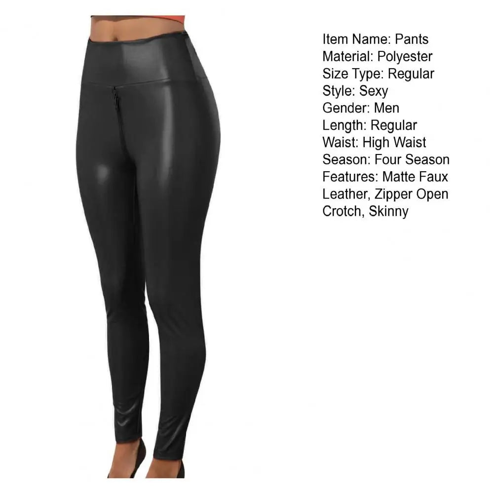 Women Pants Skinny Tummy Control Faux Leather Zipper Open Crotch Lady Trousers Butt-lifted Matte Exotic Bodycon Trousers