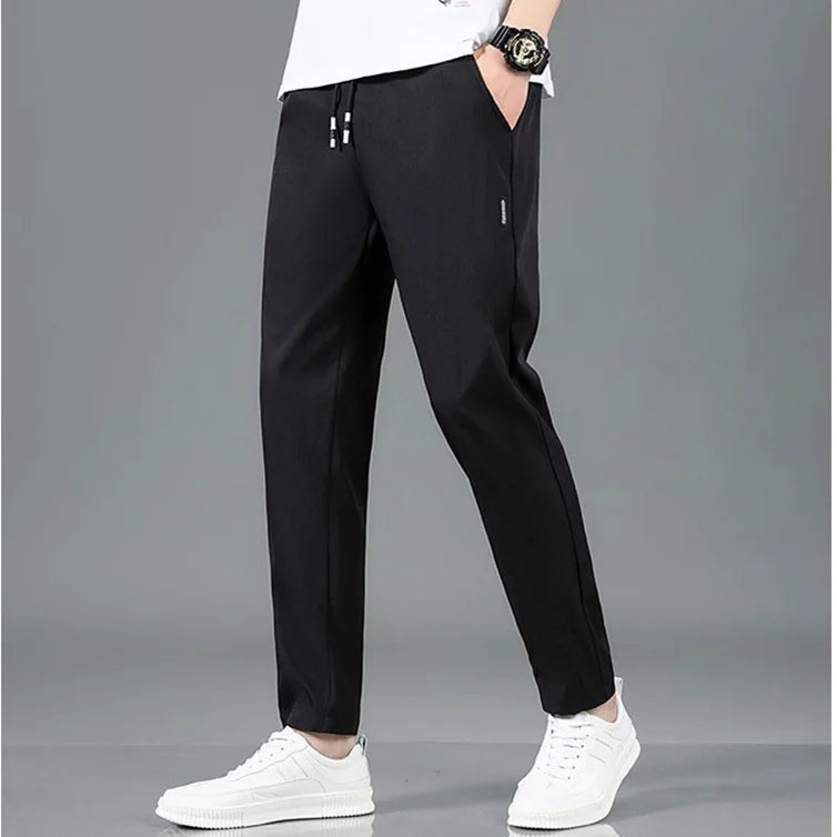 Summer Ice Silk Men's Pants Black Gray Thin Business Casual Pants Plus Size Outdoor Elastic Breathable Straight Leg Sweatpants