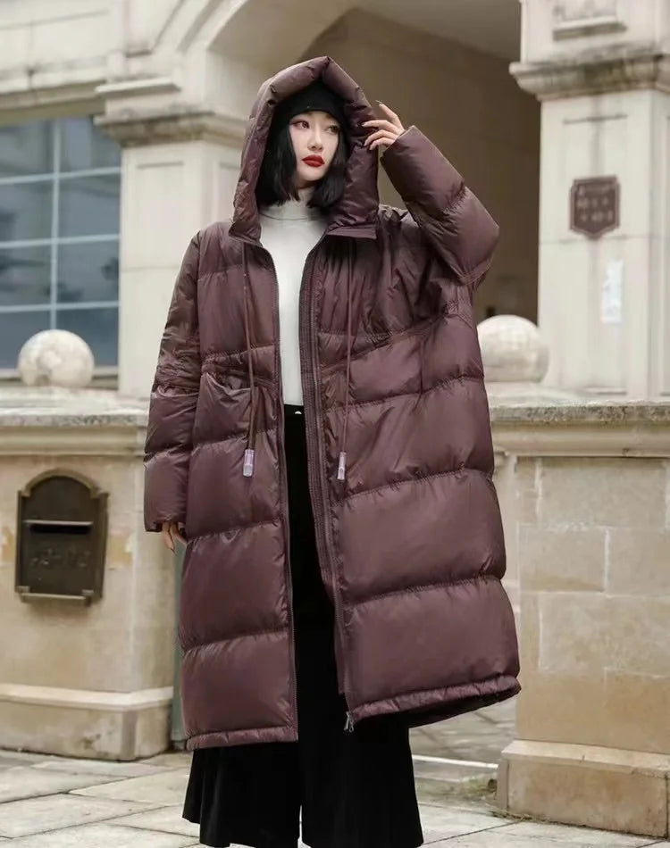 Janveny Women 90% White Duck Down Jacket With Hooded Loose Oversize Long Puffer Coat Autumn Winter Warm Outwear Female Parkas