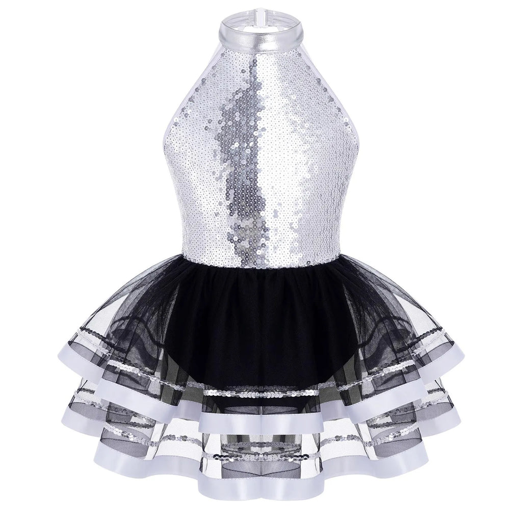 Jazz Dance Costume Kids Halter Shiny Sequins Gymnastics Unitards Dress Girls Ballet Leotard Tutu Stage Performance Clothing
